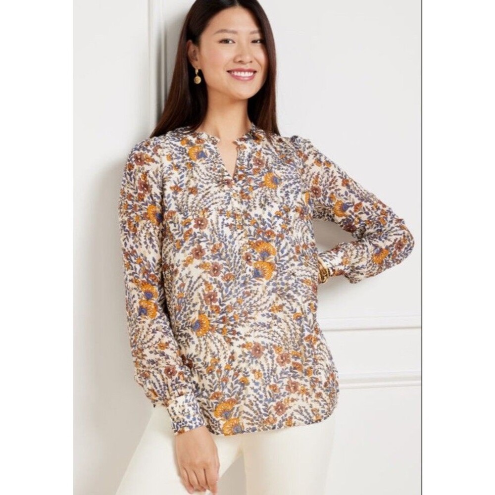 Shirt Top Blouse 2X Floral Gold Ruffle Neck Popover Chic Boho Long Sleeve